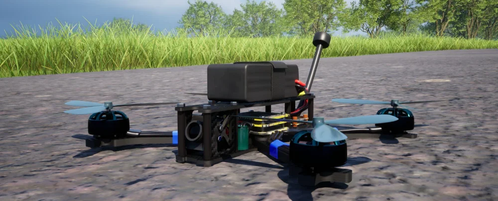 An FPV quadcopter drone resting on a roadside, tall grass and treeline behind it