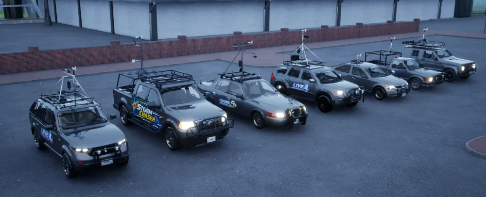 Seven liveried chase vehicles lined up side by side, each a different livery