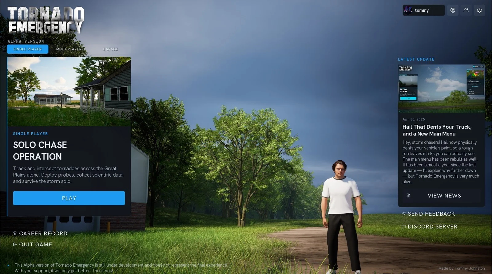 The single-player spawn-select screen, a custom character standing in a grassy yard beside the operation panel
