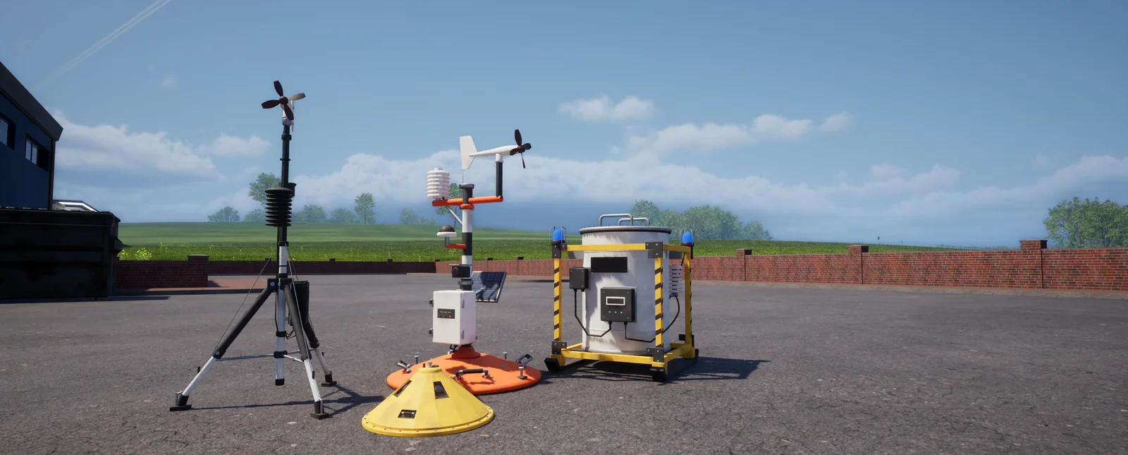 Three weather probes of different designs set out in a parking lot