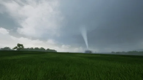 A narrow rope tornado touching down beyond a green field, under a low grey storm base