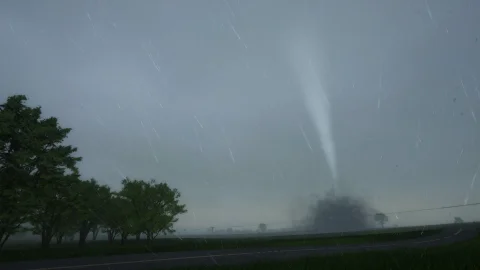 A tornado in driving rain, seen past a row of trees along a country road